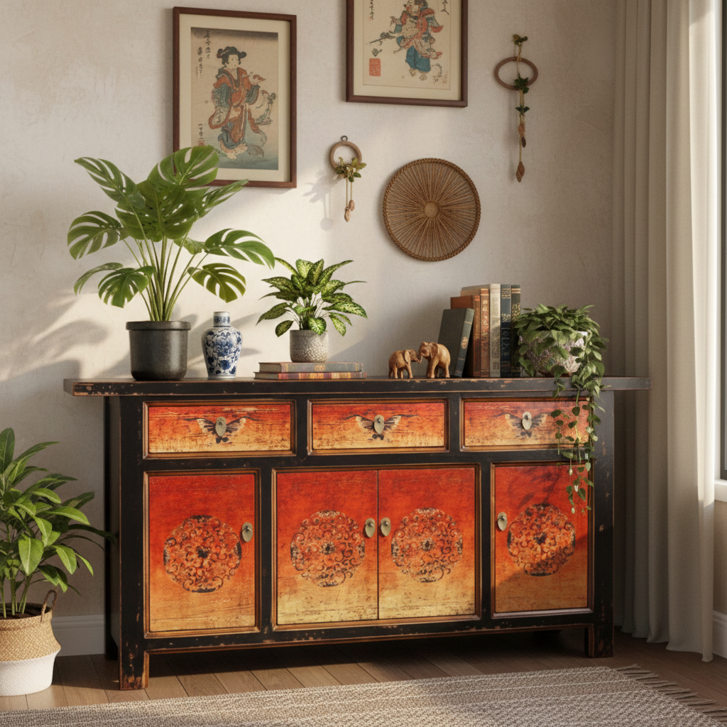 Vintage Asia Orientalische Kommode Sideboard Schrank "Fire" - Art. 34372-2
