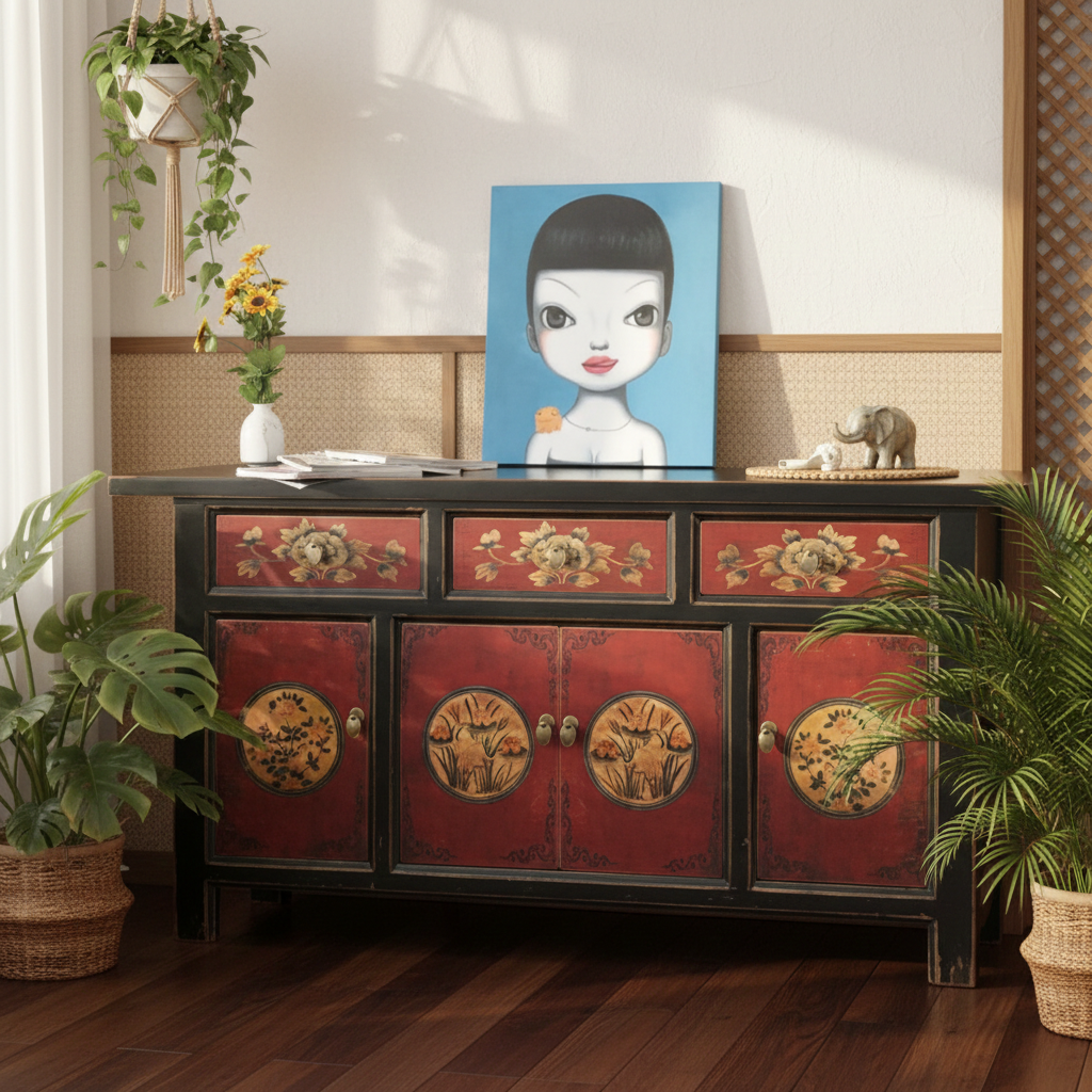 Vintage Asia Oriental Chest of Drawers Sideboard Cabinet "RedMagic" - Art. 34372-7