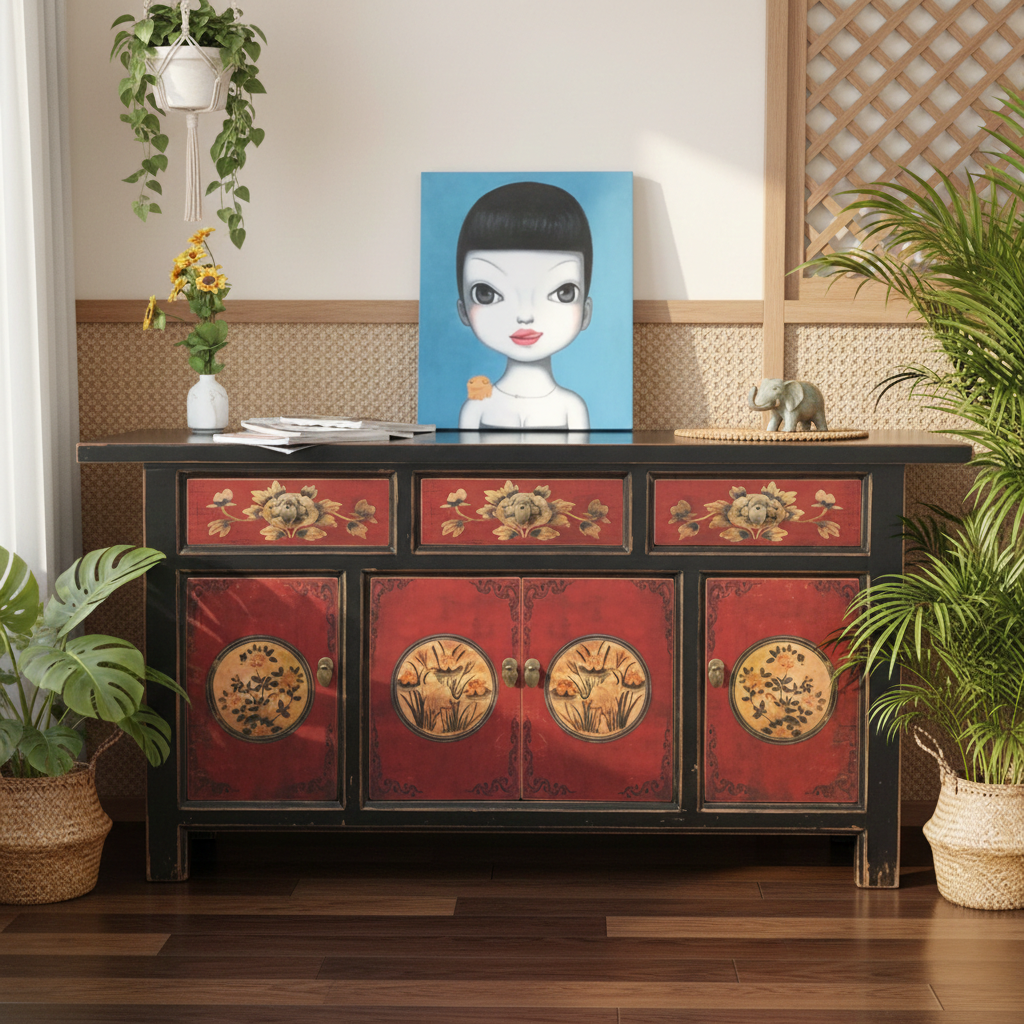 Vintage Asia Oriental Chest of Drawers Sideboard Cabinet "RedMagic" - Art. 34372-7