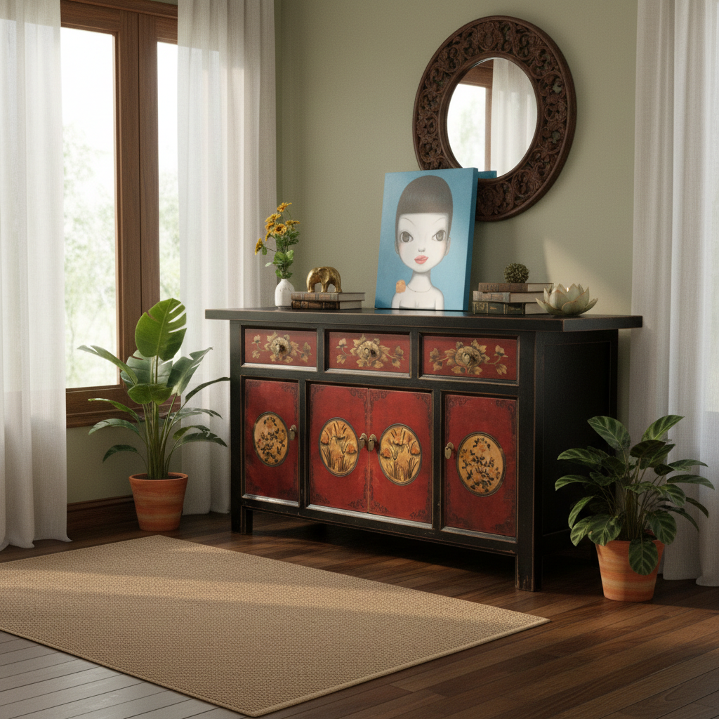 Vintage Asia Oriental Chest of Drawers Sideboard Cabinet "RedMagic" - Art. 34372-7