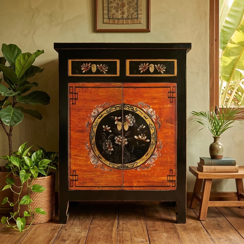 Vintage Asia Chinesisches Highboard Kommode Schrank "Coalflowers" - Art. 32610-1