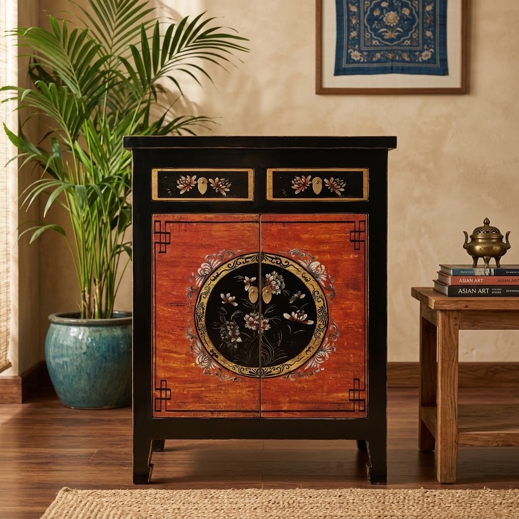 Vintage Asia Chinesisches Highboard Kommode Schrank "Coalflowers" - Art. 32610-1