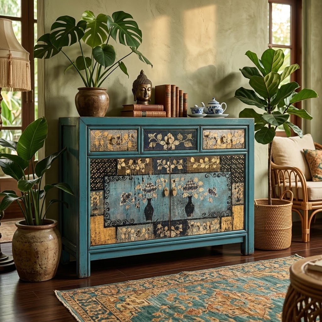 Vintage Asia Chinesische Kommode Sideboard Regal "Oceanflowers" - Art. 33082-5-ORG