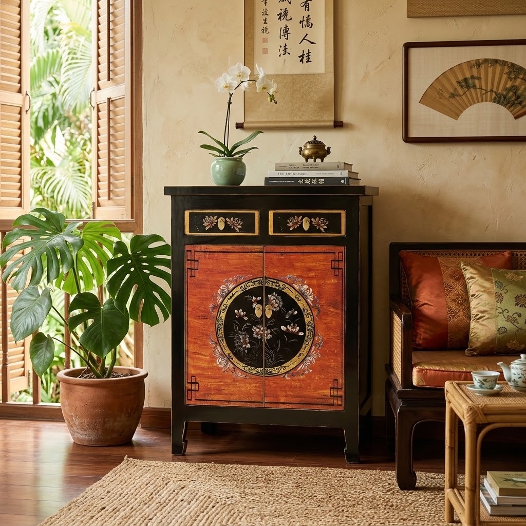 Vintage Asia Chinesisches Highboard Kommode Schrank "Coalflowers" - Art. 32610-1