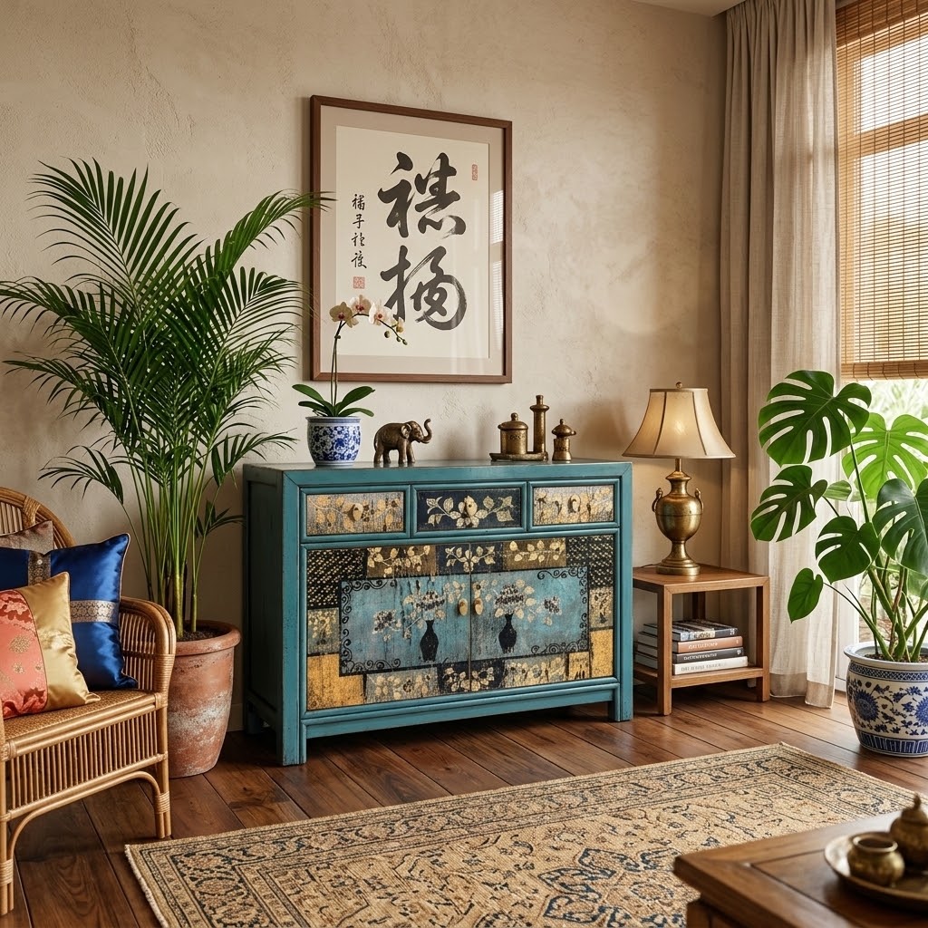 Vintage Asia Chinesische Kommode Sideboard Regal "Oceanflowers" - Art. 33082-5-ORG