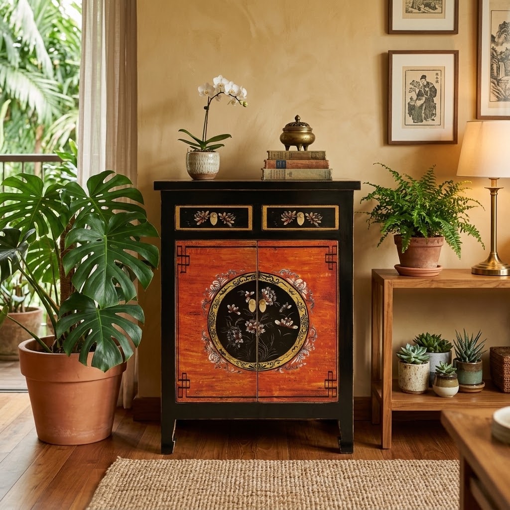 Vintage Asia Chinesisches Highboard Kommode Schrank "Coalflowers" - Art. 32610-1