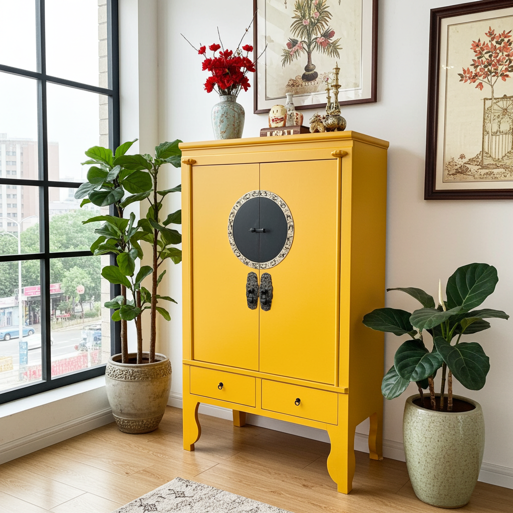 Vintage Asia Chinesischer Schrank Hochzeitsschrank Gelb - Art. A502/Sun