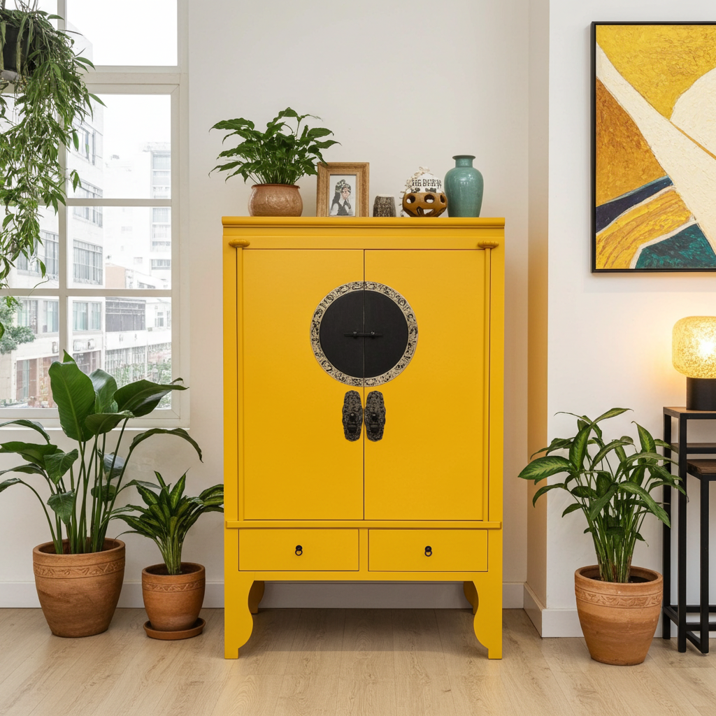 Vintage Asia Chinesischer Schrank Hochzeitsschrank Gelb - Art. A502/Sun