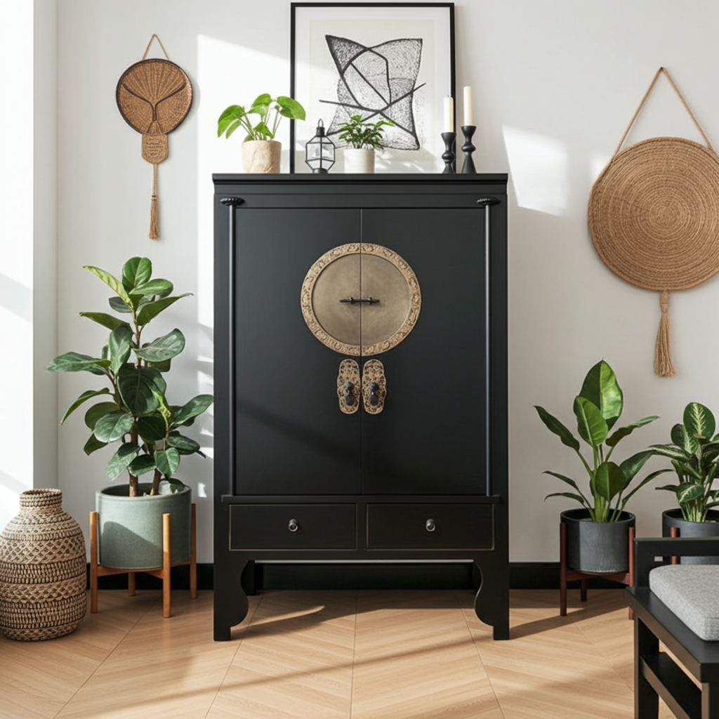 Vintage Asia Chinesischer Schrank Hochzeitsschrank Kommode Schwarz - Art. A502/black