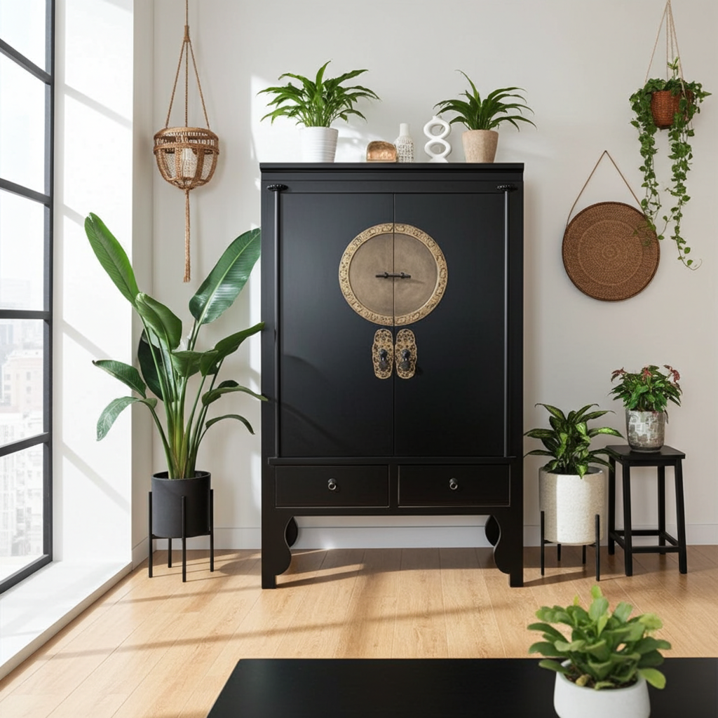 Vintage Asia Chinesischer Schrank Hochzeitsschrank Kommode Schwarz - Art. A502/black