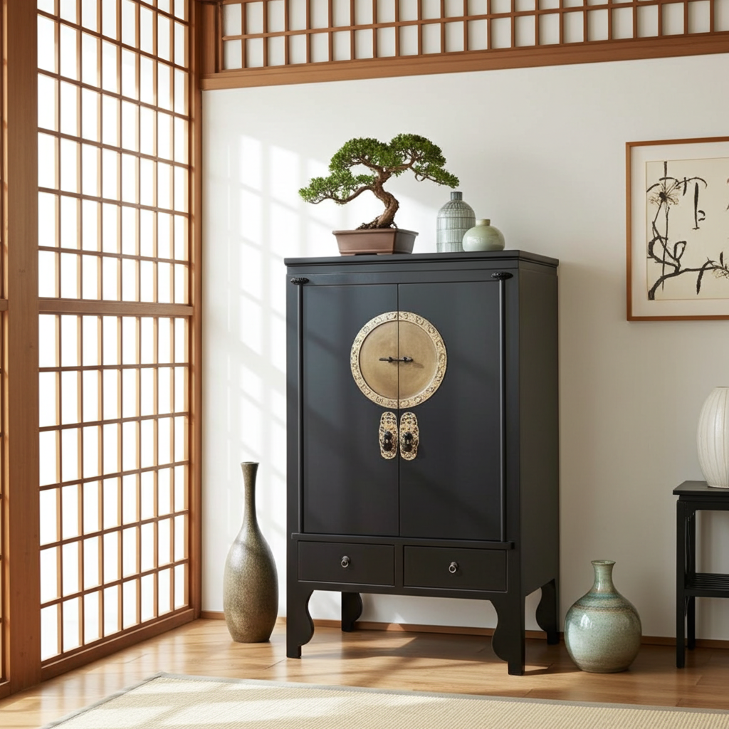 Vintage Asia Chinesischer Schrank Hochzeitsschrank Kommode Schwarz - Art. A502/black