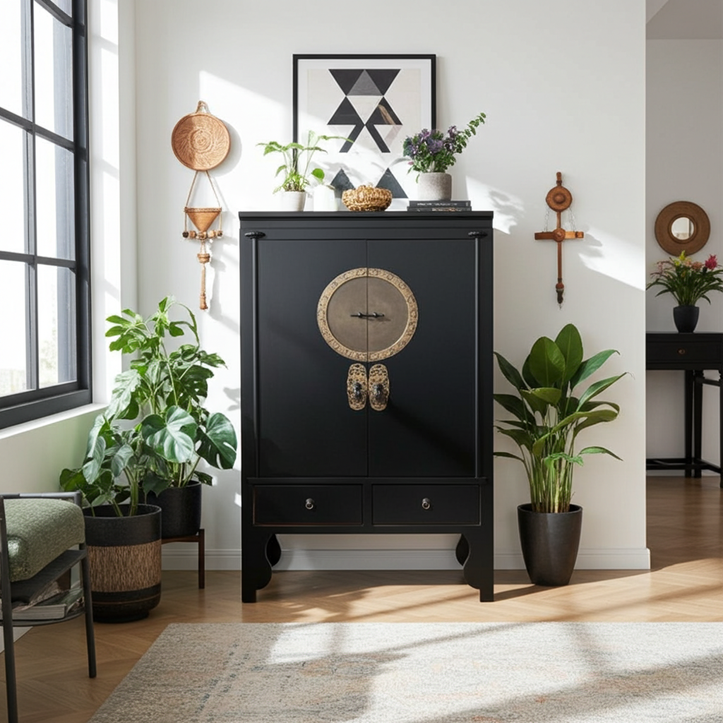 Vintage Asia Chinesischer Schrank Hochzeitsschrank Kommode Schwarz - Art. A502/black