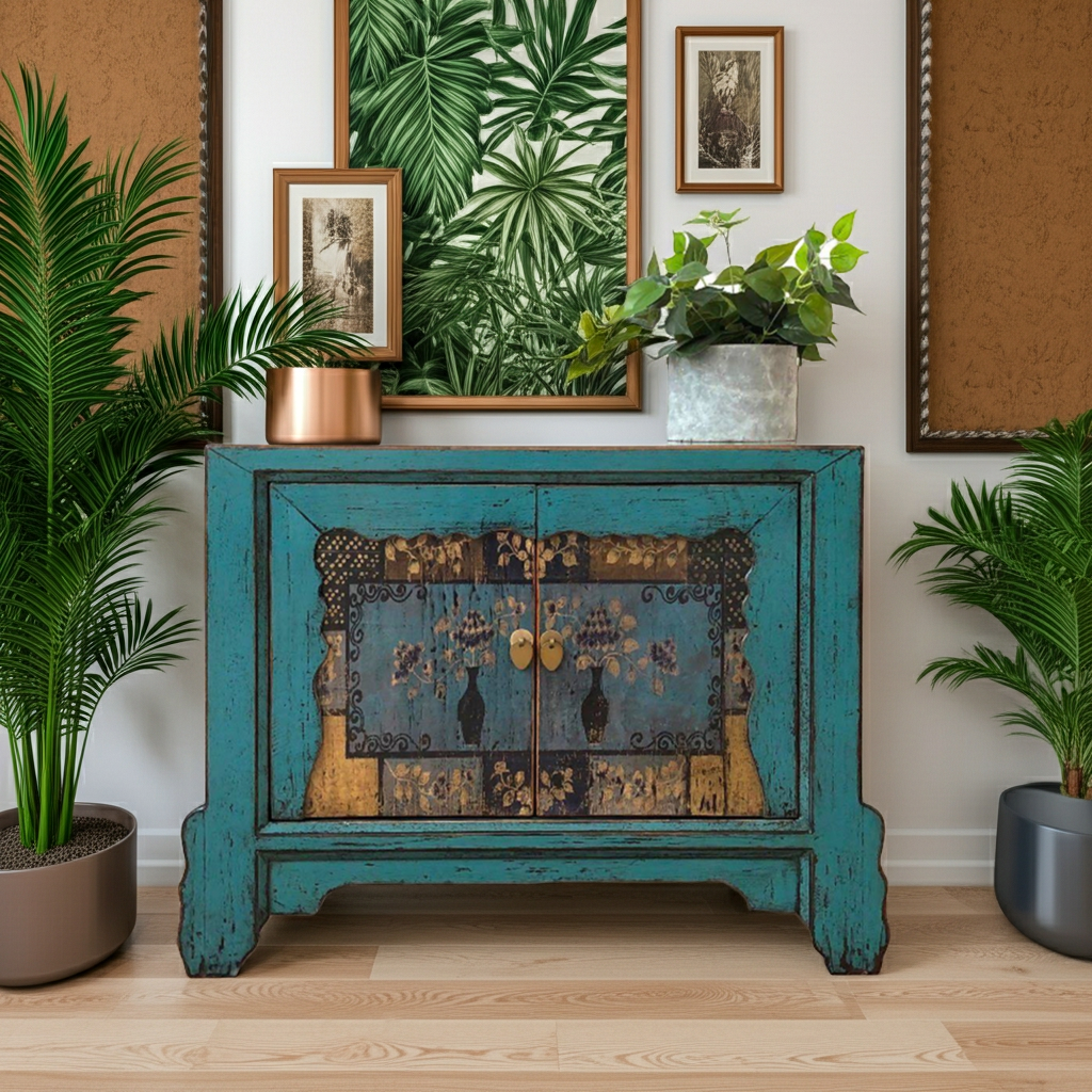 Vintage Asia Asiatische Kommode Sideboard Blau "Oceanflowers" - Art. 34740-5