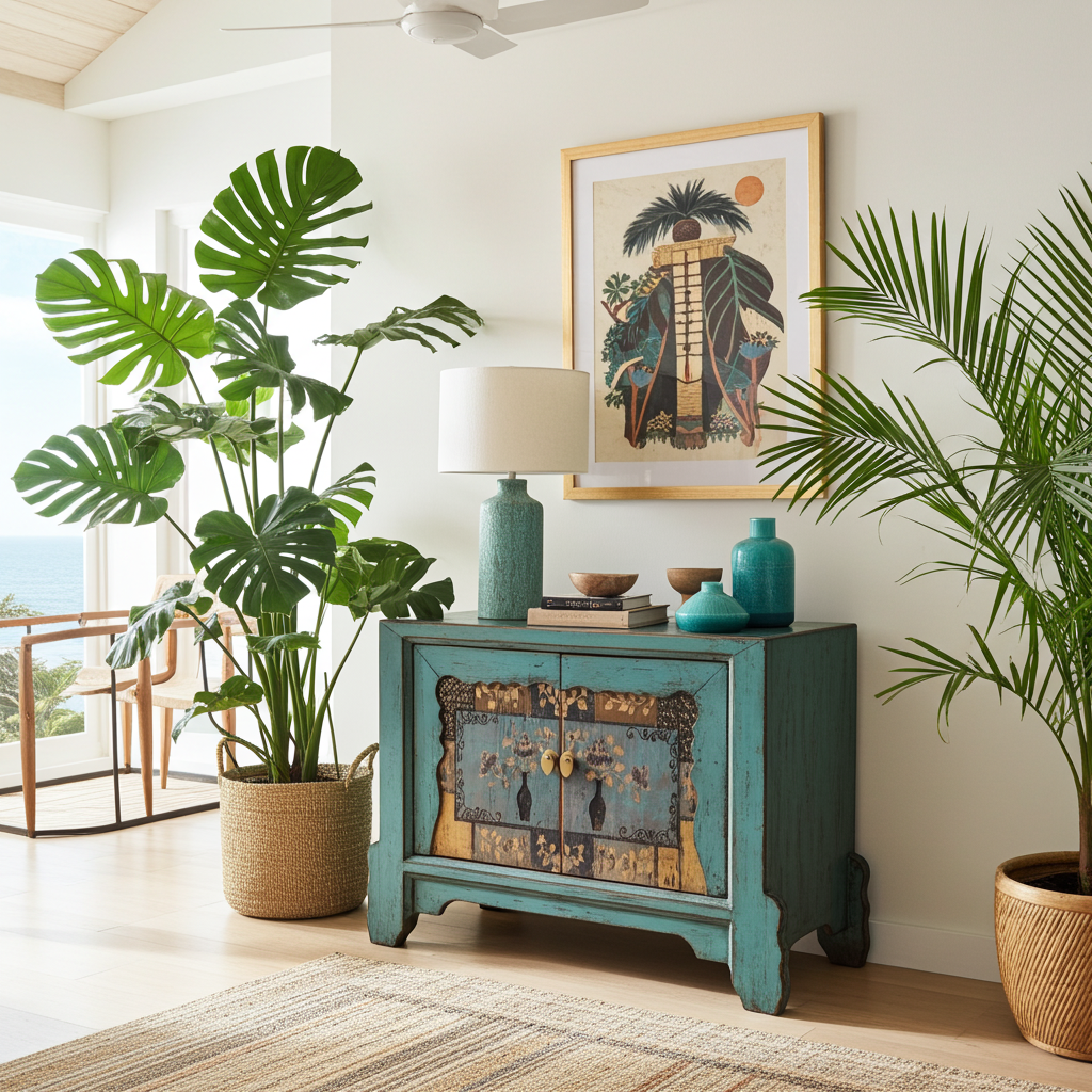 Vintage Asia Asiatische Kommode Sideboard Blau "Oceanflowers" - Art. 34740-5