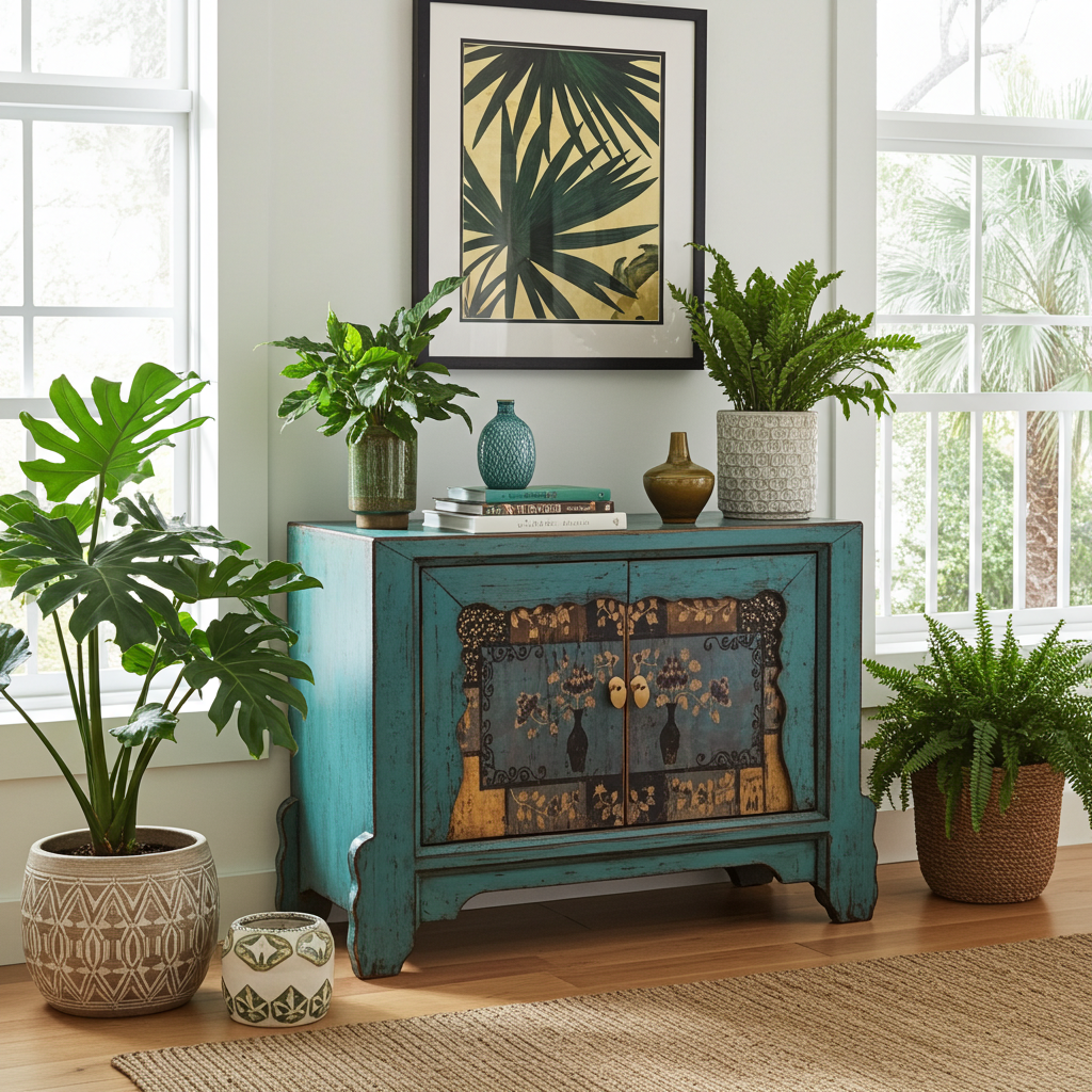 Vintage Asia Asiatische Kommode Sideboard Blau "Oceanflowers" - Art. 34740-5