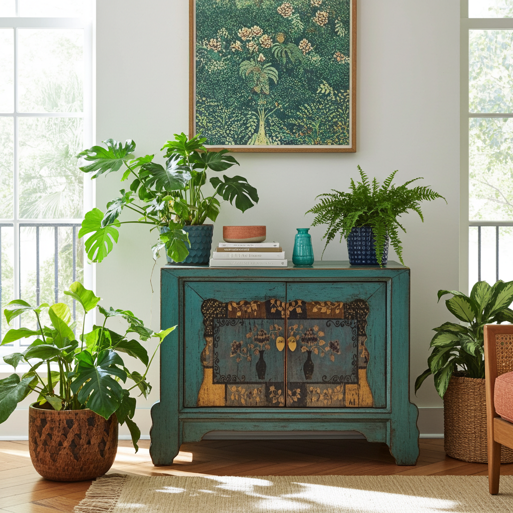 Vintage Asia Asiatische Kommode Sideboard Blau "Oceanflowers" - Art. 34740-5