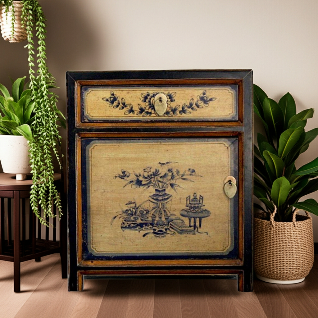 Vintage Asia Chinesisches Nachtkästchen Nachttisch Schwarz-Beige - Art. 35191-1