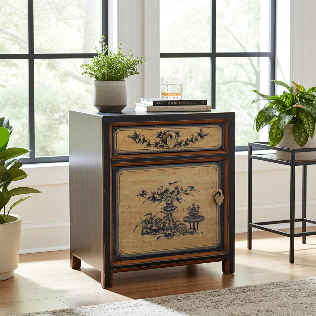 Vintage Asia Chinesisches Nachtkästchen Nachttisch Schwarz-Beige - Art. 35191-1