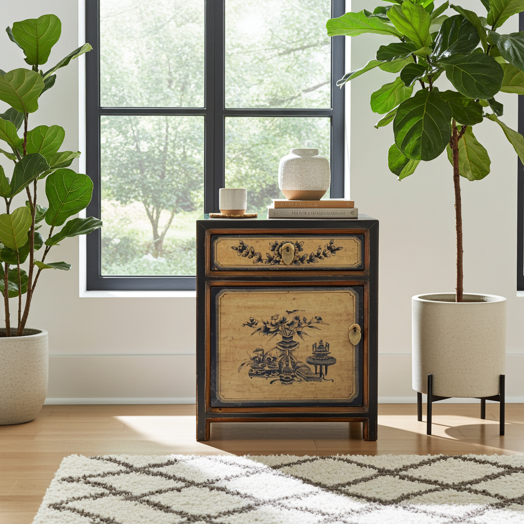 Vintage Asia Chinesisches Nachtkästchen Nachttisch Schwarz-Beige - Art. 35191-1