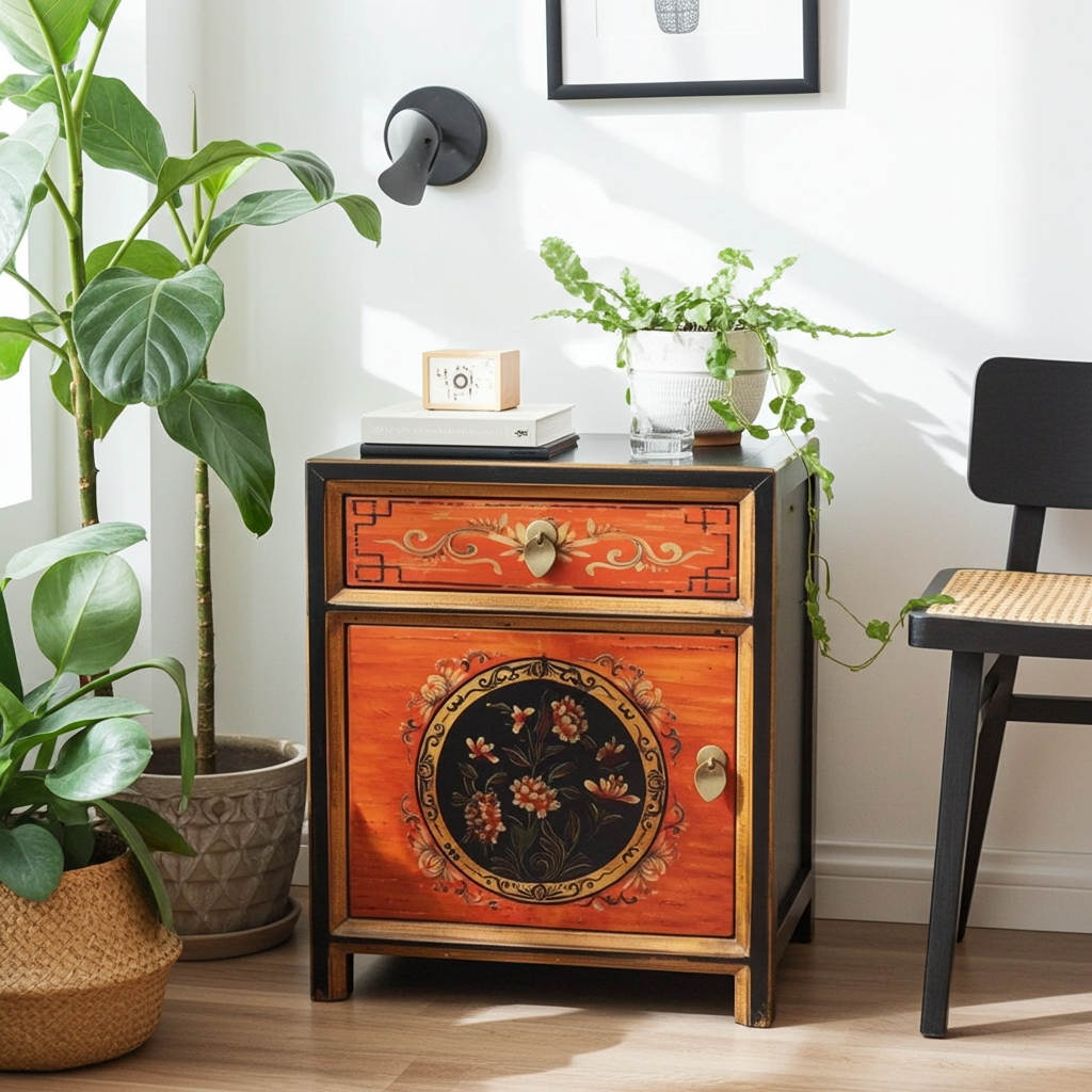 Vintage Asia Chinesisches Nachtkästchen Nachttisch "Coalflowers" - Art. 35191-8