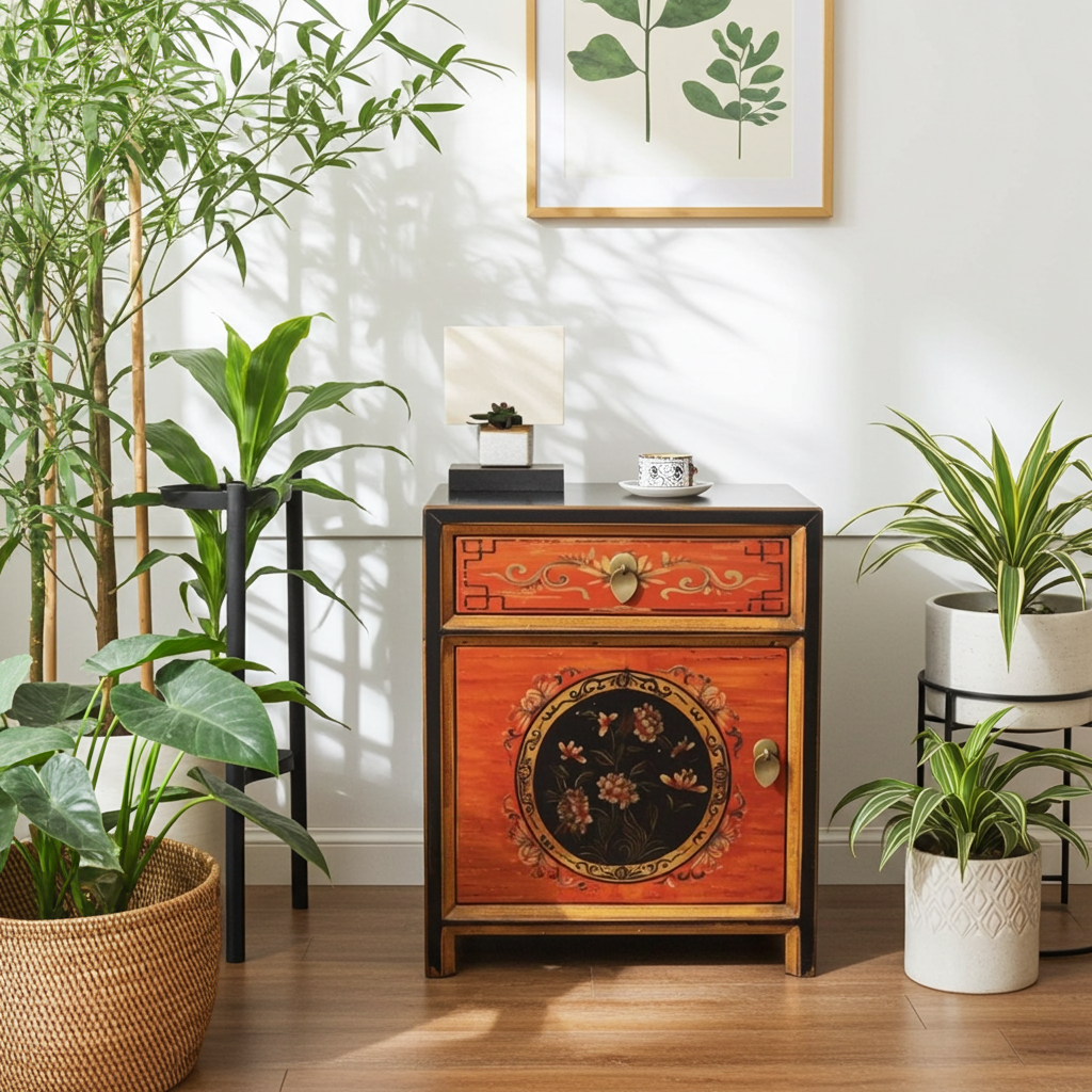 Vintage Asia Chinesisches Nachtkästchen Nachttisch "Coalflowers" - Art. 35191-8