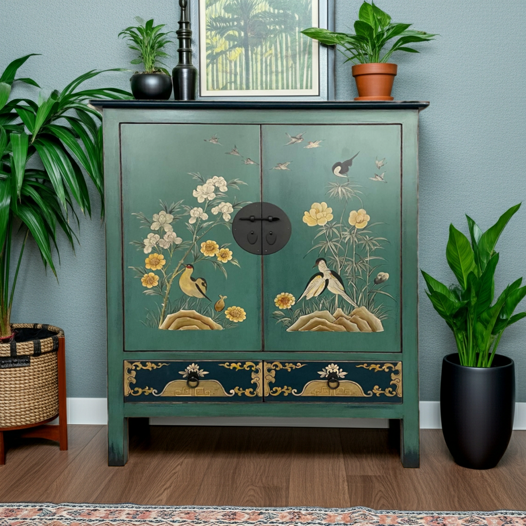 Vintage Asia Exotisches Highboard Schrank Grün Blau - Art. 2025-1