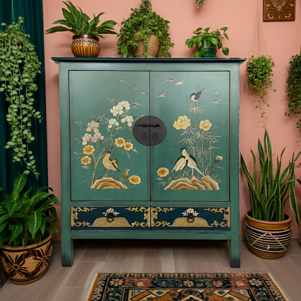 Vintage Asia Exotisches Highboard Schrank Grün Blau - Art. 2025-1