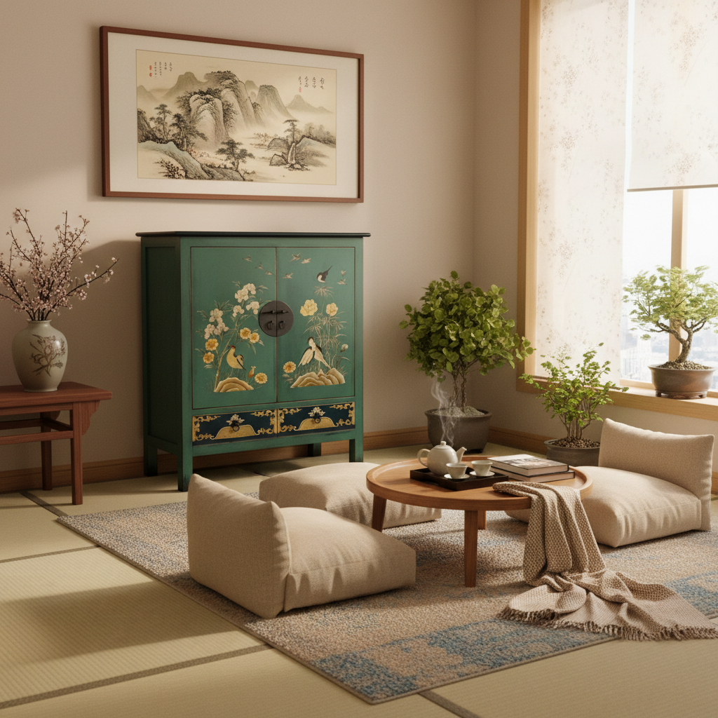 Vintage Asia Exotisches Highboard Schrank Grün Blau - Art. 2025-1