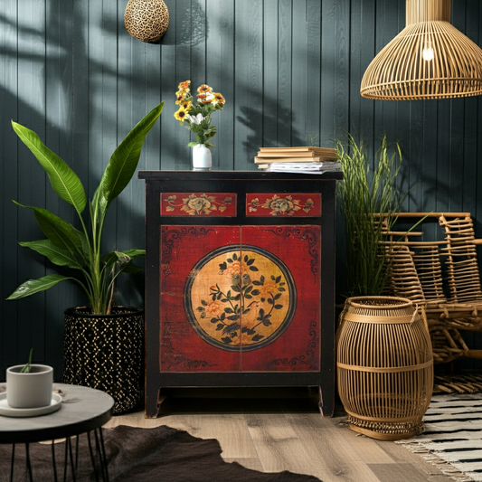 Vintage Asia Chinesisches Highboard Kommode Schrank Rot-Schwarz - Art. 32610-3