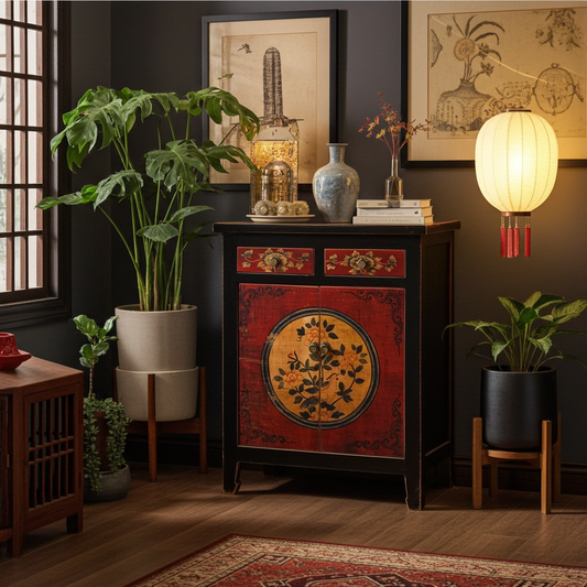 Vintage Asia Chinese Highboard Chest of Drawers Cabinet Red-Black - Art. 32610-3