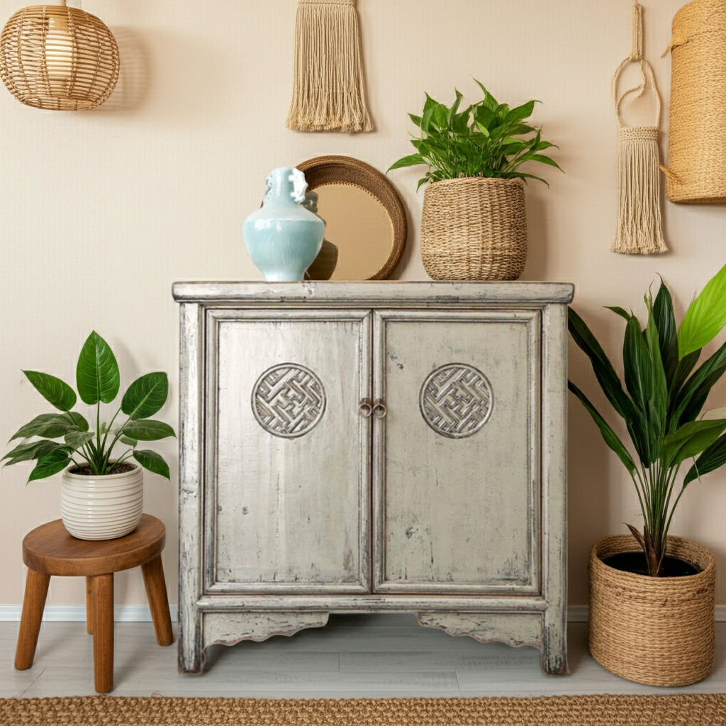 Vintage Asia Orientalisches Kästchen Schrank Kommode Hellgrau - Art. 42719