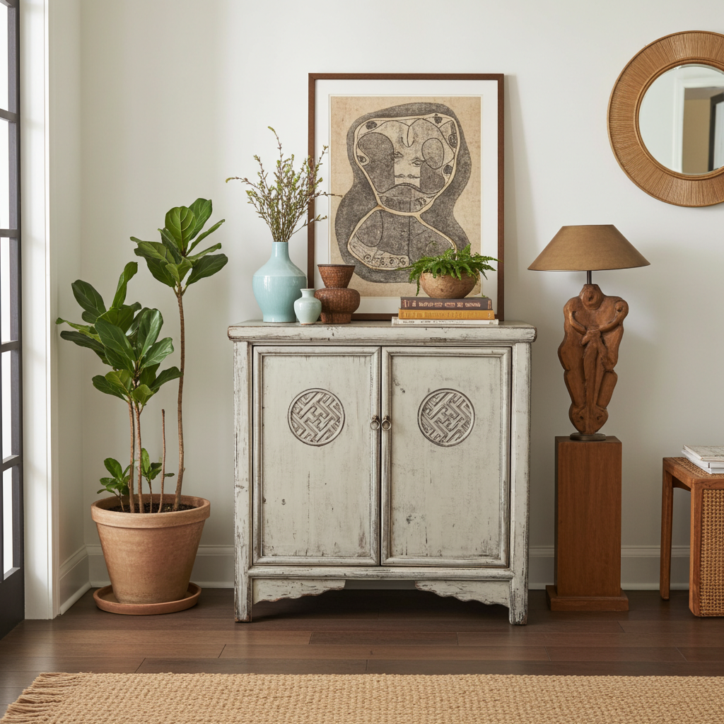 Vintage Asia Orientalisches Kästchen Schrank Kommode Hellgrau - Art. 42719