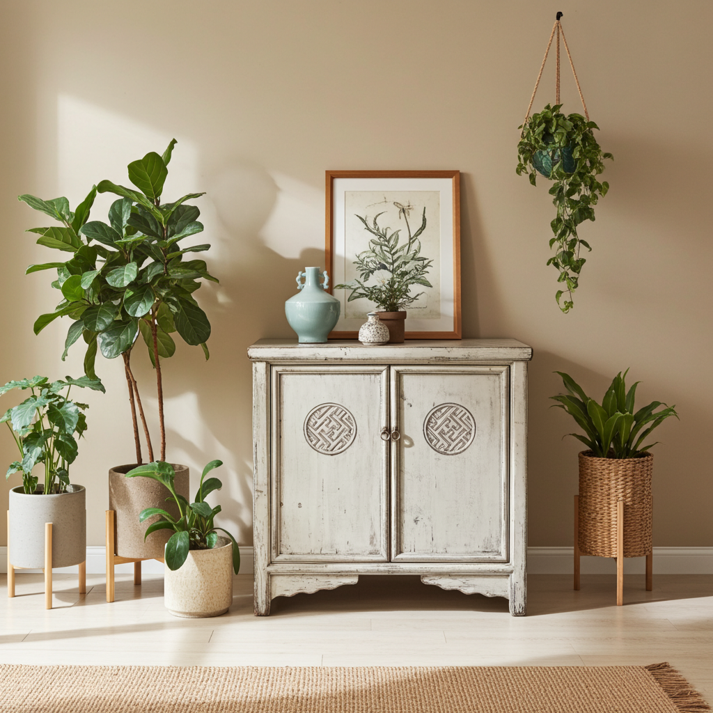 Vintage Asia Orientalisches Kästchen Schrank Kommode Hellgrau - Art. 42719