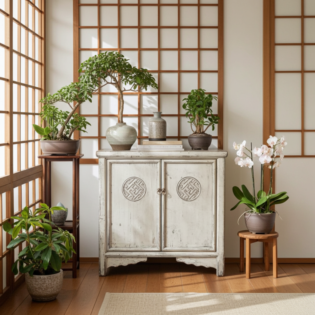 Vintage Asia Orientalisches Kästchen Schrank Kommode Hellgrau - Art. 42719