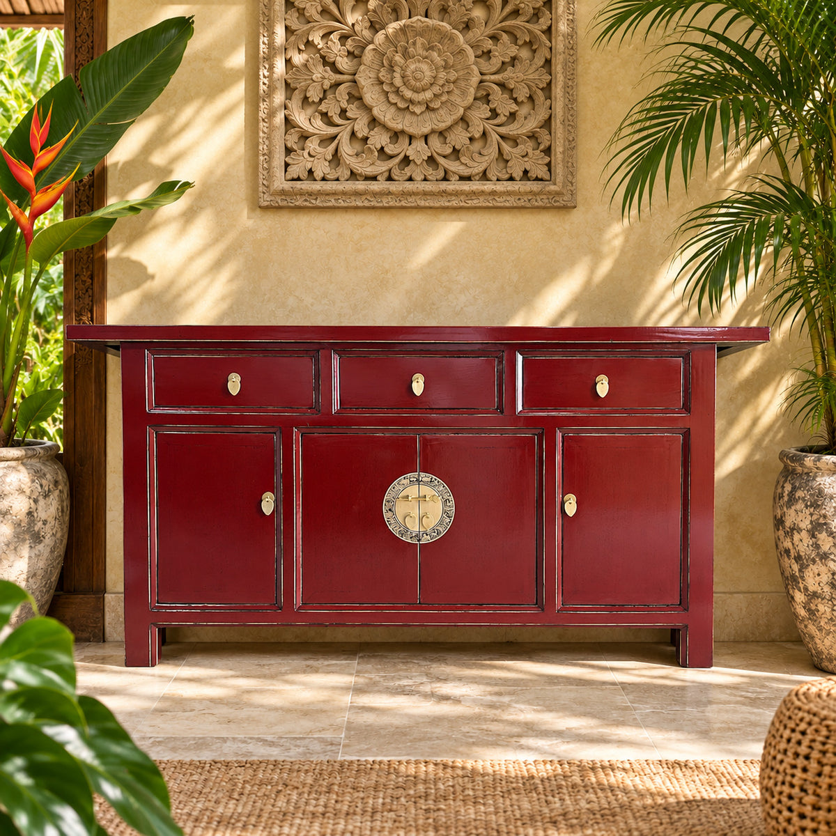 Vintage Asia Chinesisches Sideboard Kommode Schrank Scharlachrot - Art. 34373-Scarlet