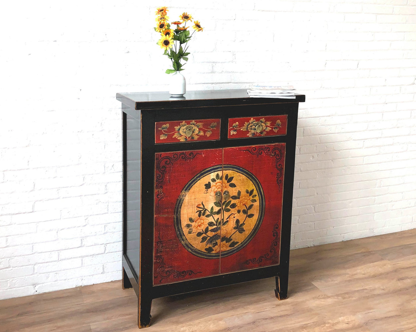 Vintage Asia Chinesisches Highboard Kommode Schrank Rot-Schwarz - Art. 32610-3