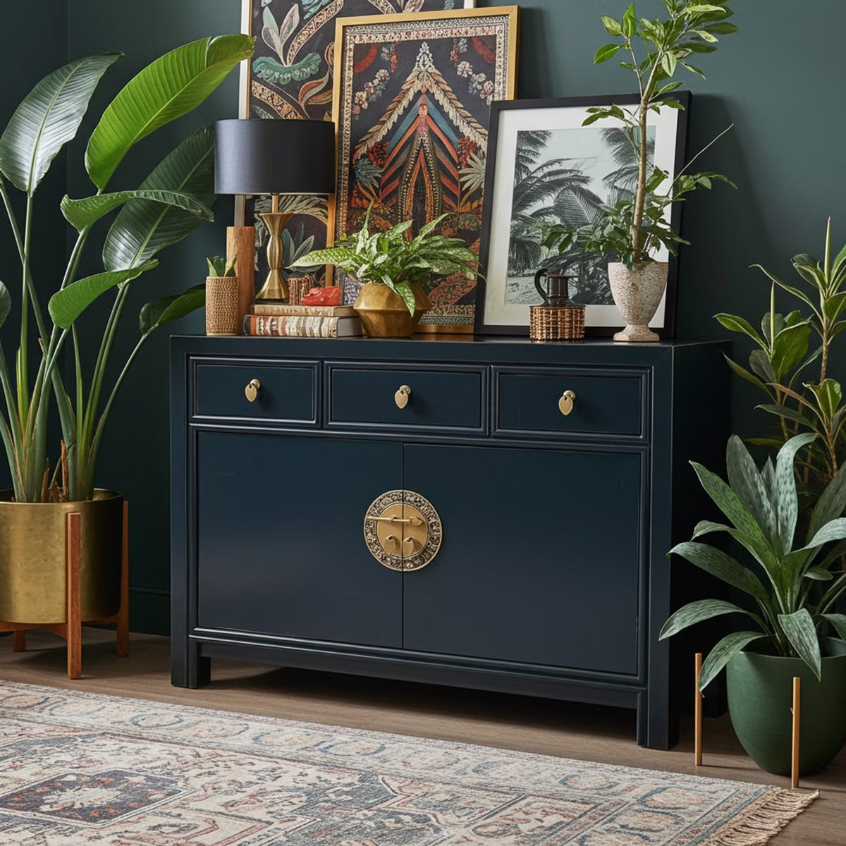 Vintage Asian Chinese Chest of Drawers Sideboard Shelf Midnight Blue - Art. 33083-Midnight
