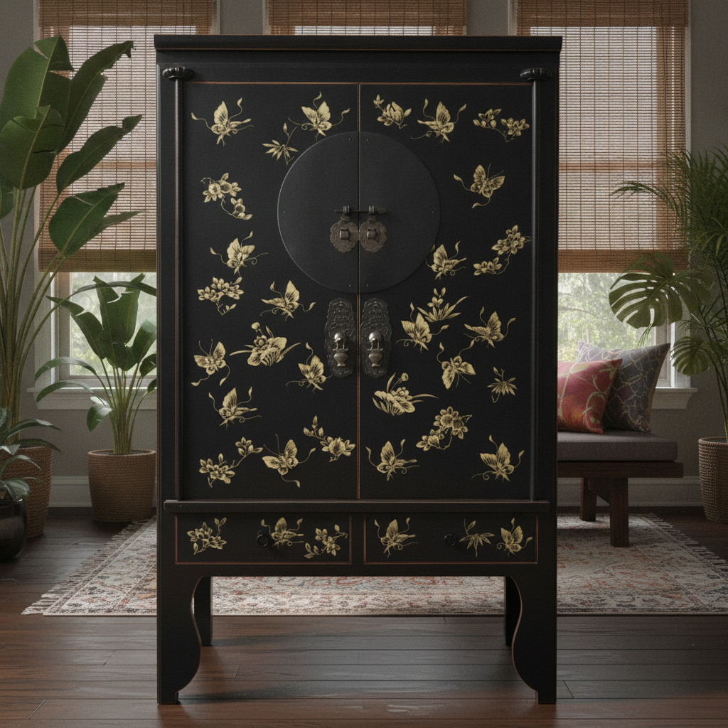 Vintage Asian Chinese Cabinet Wedding Cabinet Chest of Drawers Black Decorated - Art. A503/Black