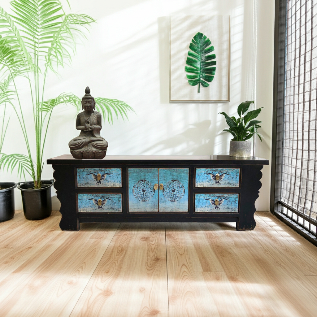 Vintage Asia Asian Lowboard Chest of Drawers Bench Turquoise-Black - Art. 35208-5