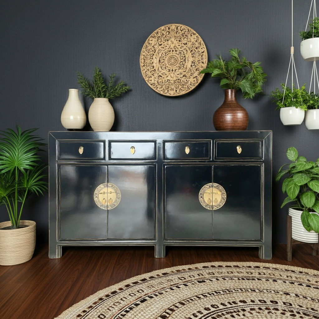 Vintage Asia Chinese Sideboard Chest of Drawers Cabinet Black - Art. 31196-black