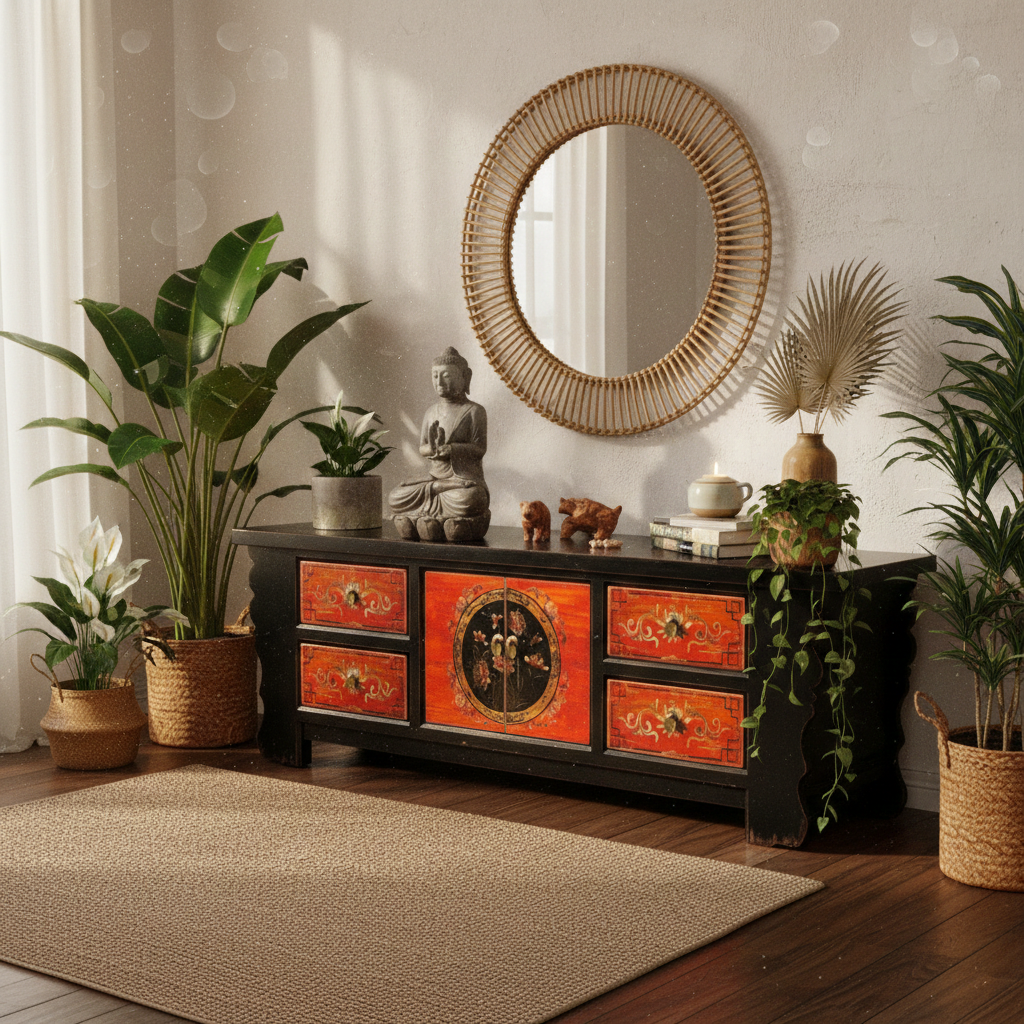 Vintage Asia Asian Lowboard Chest of Drawers Bench "Coalflowers" - Art. 35208-6