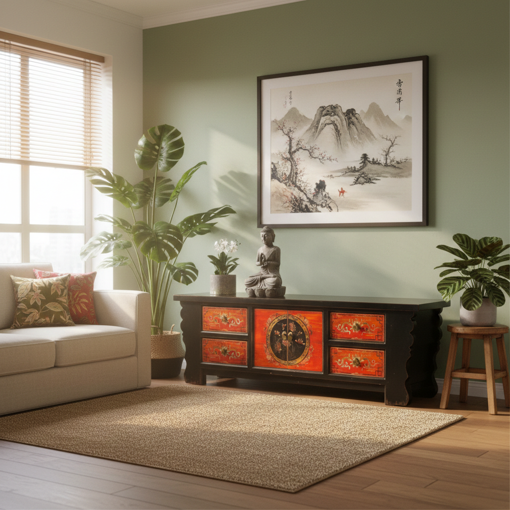 Vintage Asia Asian Lowboard Chest of Drawers Bench "Coalflowers" - Art. 35208-6