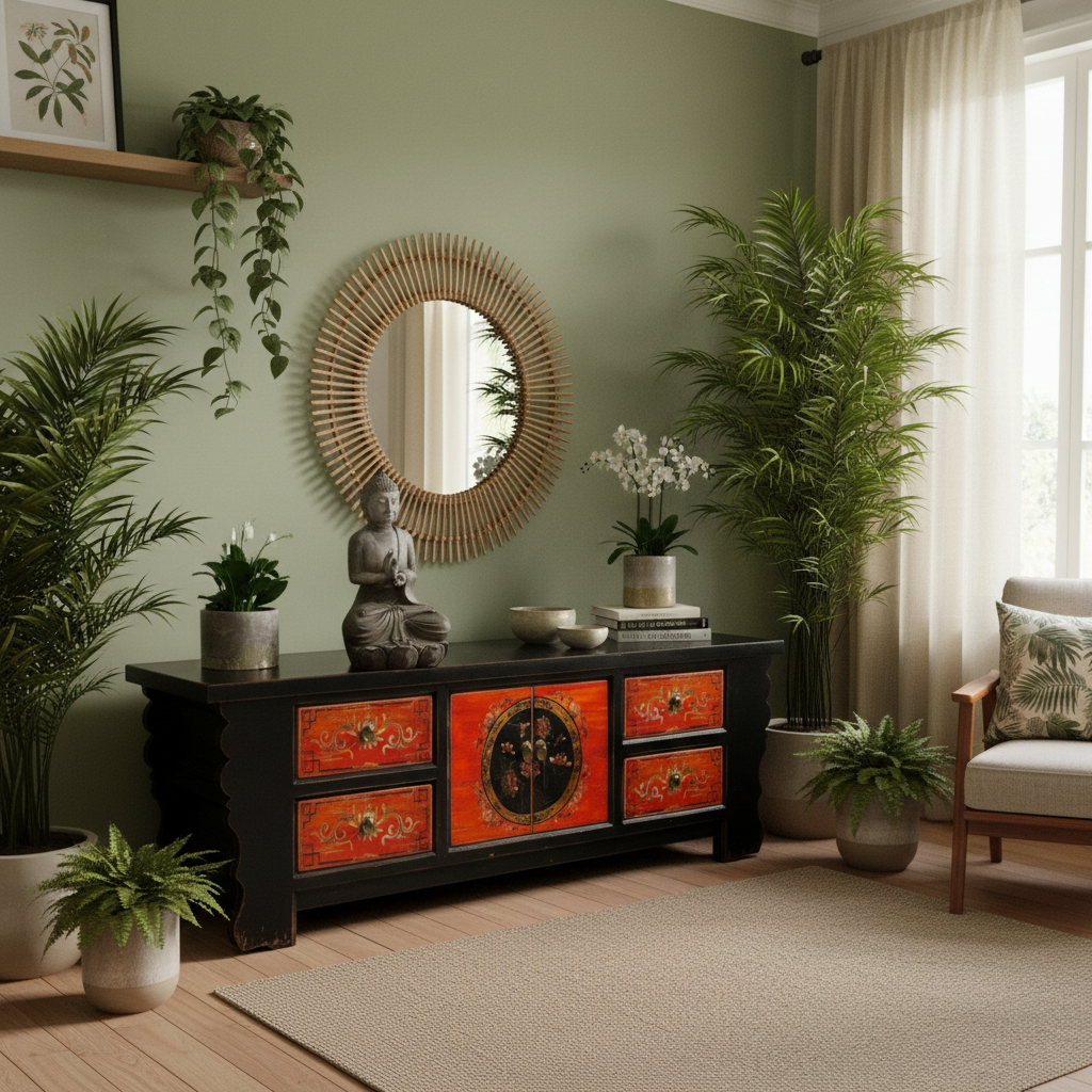 Vintage Asia Asian Lowboard Chest of Drawers Bench "Coalflowers" - Art. 35208-6