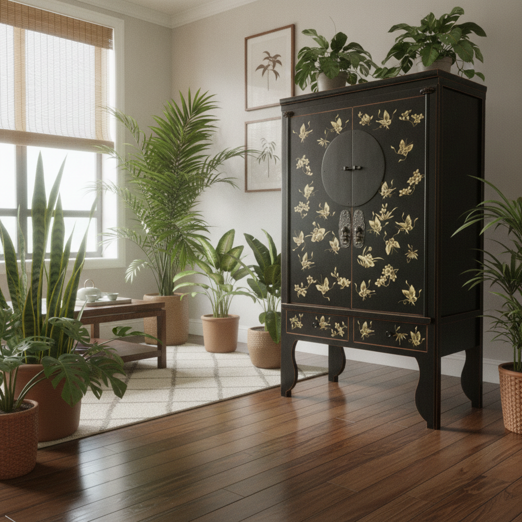 Vintage Asian Chinese Cabinet Wedding Cabinet Chest of Drawers Black Decorated - Art. A503/Black
