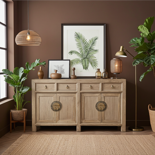 Vintage Asian Chinese Sideboard Chest of Drawers Cabinet Natural - Art. 31196-Natural