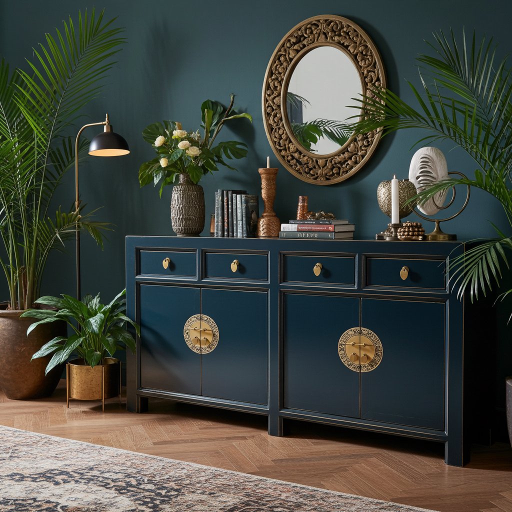 Vintage Asia Chinesisches Sideboard Kommode Schrank Blau - Art. 31196-Midnight