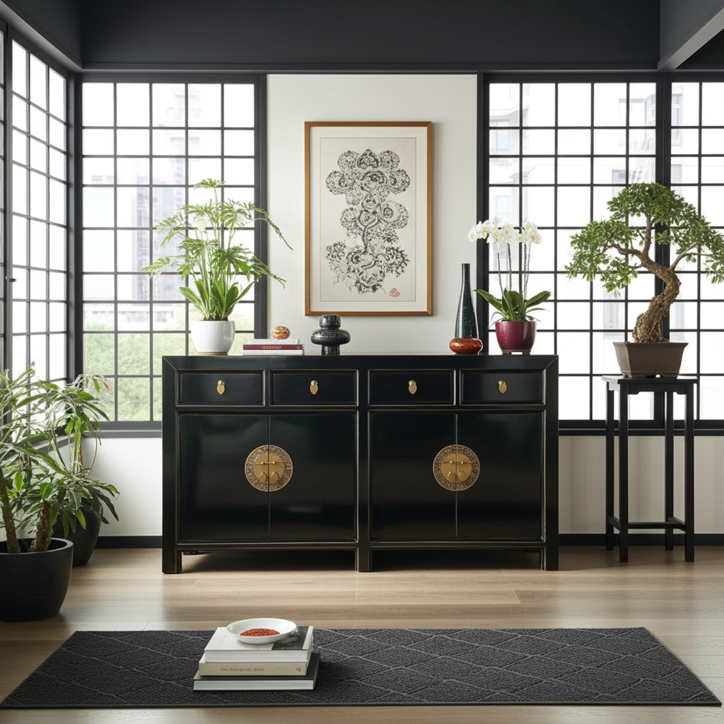 Vintage Asia Chinese Sideboard Chest of Drawers Cabinet Black - Art. 31196-black