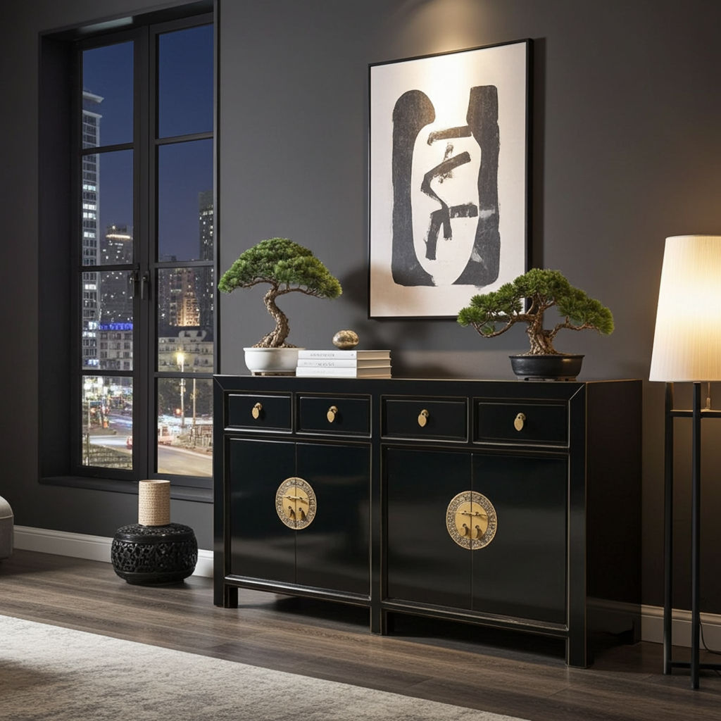 Vintage Asia Chinese Sideboard Chest of Drawers Cabinet Black - Art. 31196-black