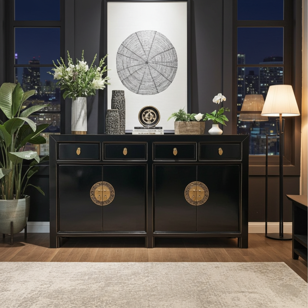 Vintage Asia Chinese Sideboard Chest of Drawers Cabinet Black - Art. 31196-black