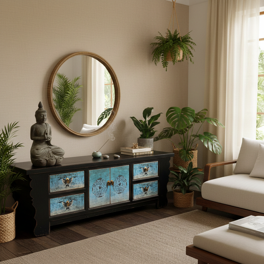 Vintage Asia Asian Lowboard Chest of Drawers Bench Turquoise-Black - Art. 35208-5